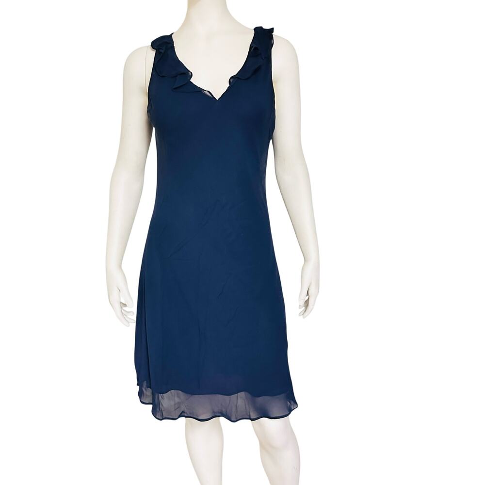 Ralph Lauren L Navy Blue Sleeveless Ruffle V-Neck Rayon Midi Dress Green Label